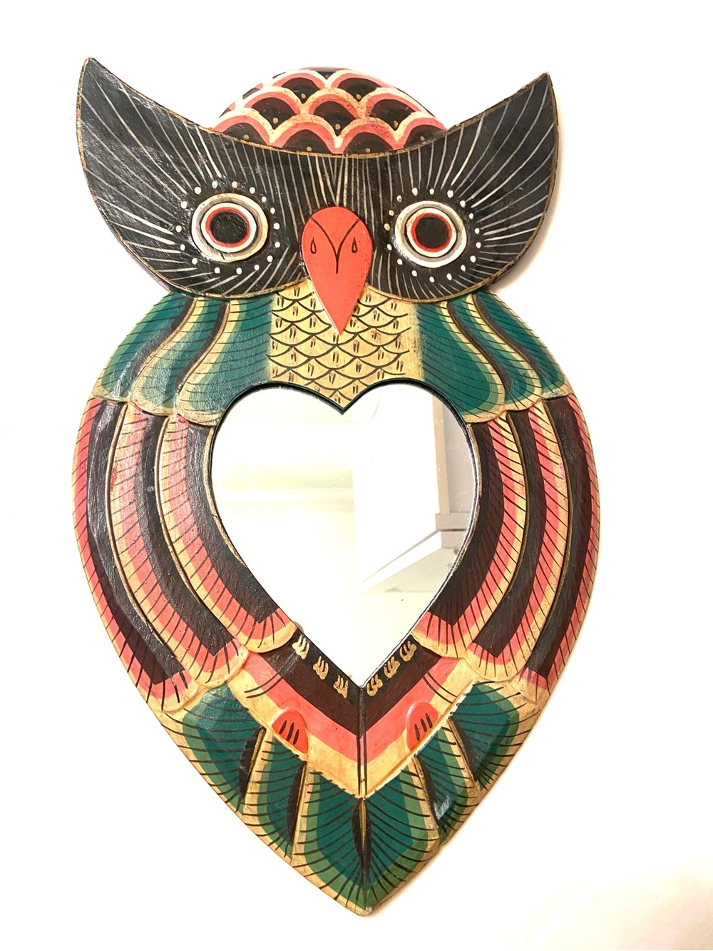 Vintage Owl Heart Wall Art Mirror Hand Painted Handmade Boho Folk
